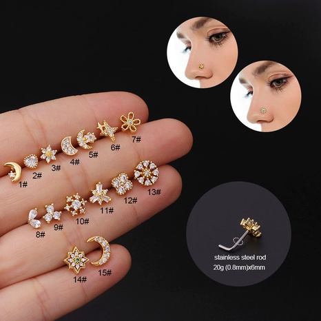 Single wholesale jewelry moon star flower shape inlaid zircon stainless steel nose ring nihaojewelry  NHEN396119's discount tags