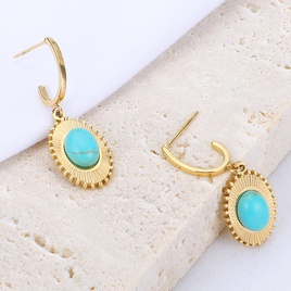wholesale fashion oval sunflower stainless steel inlaid turquoise earrings Nihaojewelrypicture12