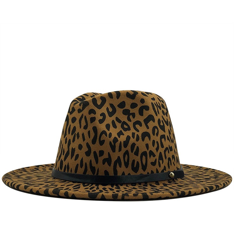retro leopard print flat brim big edge woolen top hat wholesale Nihaojewelry