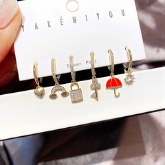 wholesale jewelry umbrella rainbow lock key pendant copper inlaid zircon earring set nihaojewelry