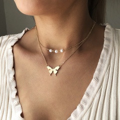 N7678 European and American Style Fashion Trend Necklace Female Personality Double Layer Imitation Pearl Butterfly Pendant Neck Accessories Necklace Clavicle Chain