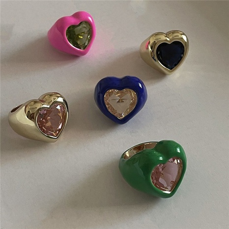 fashion large gemstone color enamel spray paint heart-shaped ring wholesale nihaojewelry's discount tags