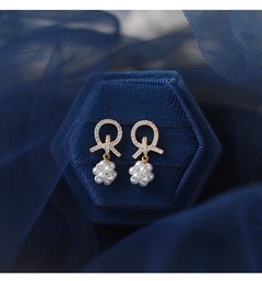 2021 New Anti-Allergy Korean Simple Sweet Full Diamond Exquisite Bow Pearl Ball Earrings Eardrops Women