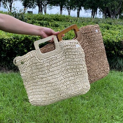 New wooden handle portable woven straw bag wholesale Nihaojewelry