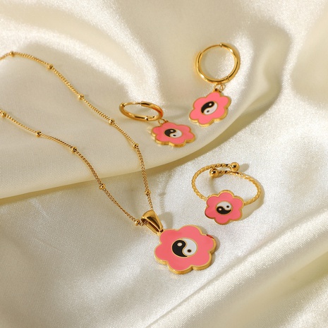 Retro Stainless Steel Flower Pink Enamel Ring Earrings Necklace Wholesale Nihaojewelry's discount tags