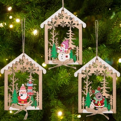 Cross-Border New Christmas Decoration Christmas Wooden Hollow House Pendant Wooden Printed Christmas Tree Pendant