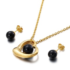 simple retro heart-shaped titanium steel black bead necklace earrings set wholesale nihaojewelry