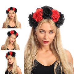 Amazon New Simulation Fabric Black and Red Large Flower with Lace Headband Christmas Halloween Headband in Stock Wholesale