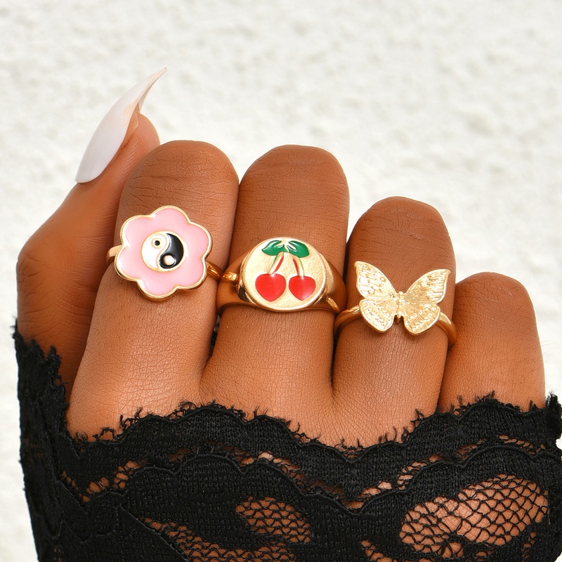 fashion dripping oil color flower butterfly cherry combination set ring wholesale Nihaojewelry