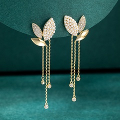 fashion pearl inlaid rhinestone leaf tassel earrings wholesale nihaojewelry