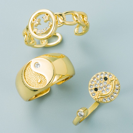 Retro geométrico hueco cara sonriente Tai Chi forma cobre anillo chapado en oro venta al por mayor Nihaojewelry's discount tags