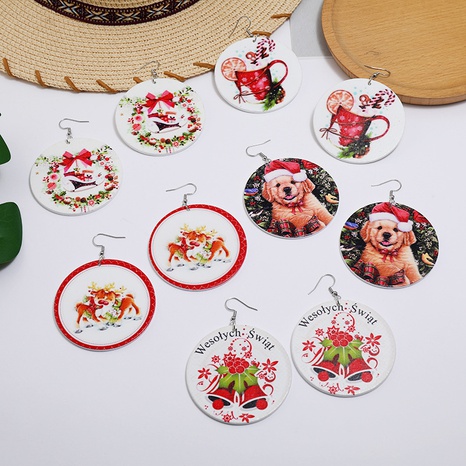 new Christmas fashion geometric log print bell puppy pattern earrings wholesale nihaojewelry's discount tags