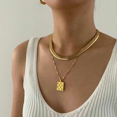 Exclusive for Cross-Border Retro Square Chessboard Plaid Necklace Stainless Steel Gold-Plated Chain Ins Internet Celebrity Necklace for Women