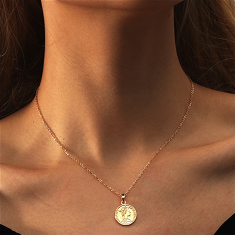 Female 14K Gold Small Round Bead Chain Gold Coin Necklace Titanium Steel Color Preservation