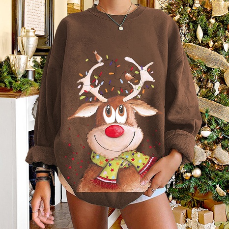 Christmas birds elk print long-sleeved round neck sweater wholesale Nihaojewelry's discount tags