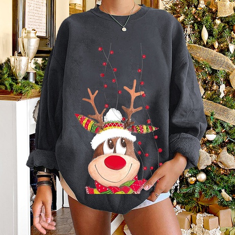 Christmas happy elk print long-sleeved round neck sweater wholesale Nihaojewelry's discount tags