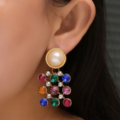wholesale jewelry square grid inlaid color diamond pearl earrings nihaojewelry