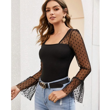 solid cololr lace splicing long sleeve top—1