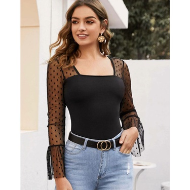solid cololr lace splicing long sleeve top—2