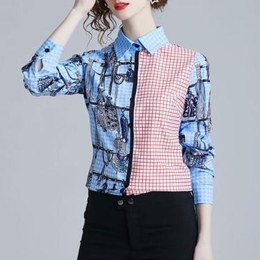 contrast color plaid printed long-sleeved lapel shirt—2