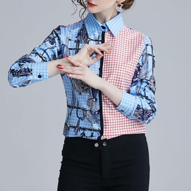 contrast color plaid printed long-sleeved lapel shirt—3
