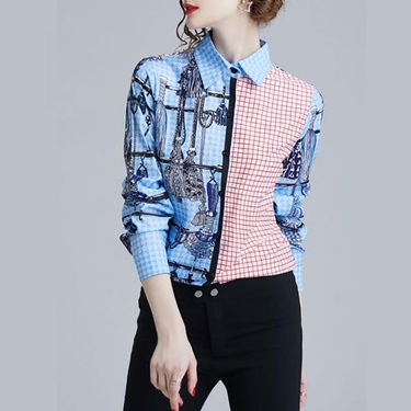 contrast color plaid printed long-sleeved lapel shirt—4