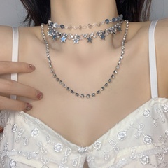 European and American Style Silver Metal Five-Pointed Star Crystal Texture Temperament Multi-Layer Overlay Sequin Necklace Clavicle Chain Sweater Chain