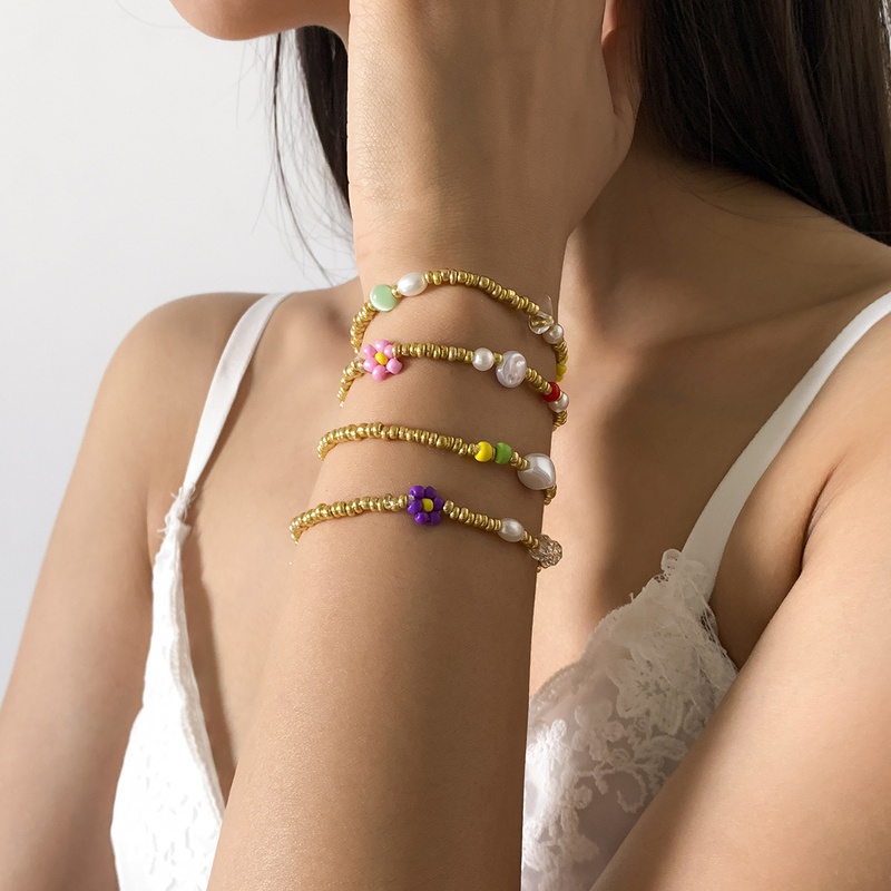 flower imitation pearl rice bead adjustable bracelet set wholesale jewelry Nihaojewelry