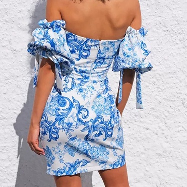 sexy one-shoulder lantern sleeve printed dress—3