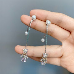 cute diamond bear long tassel double pearl earrings wholesale Nihaojewelry