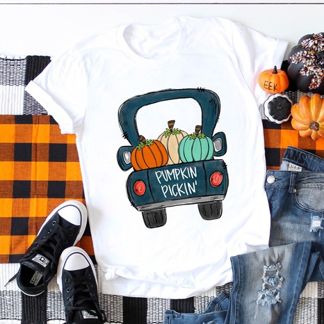 Halloween Pumpkin Truck Print T-shirt Wholesale Nihaojewelry's discount tags
