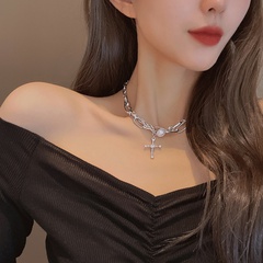 pearl cross pendant punk style clavicle chain necklace wholesale jewelry Nihaojewelry