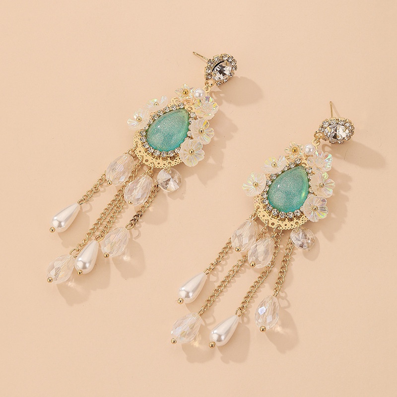 retro rhinestone flower crystal pearl tassel earrings wholesale Nihaojewelry