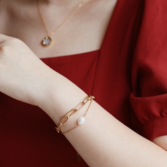 pearl oval chain double layer titanium steel bracelet wholesale nihaojewelry