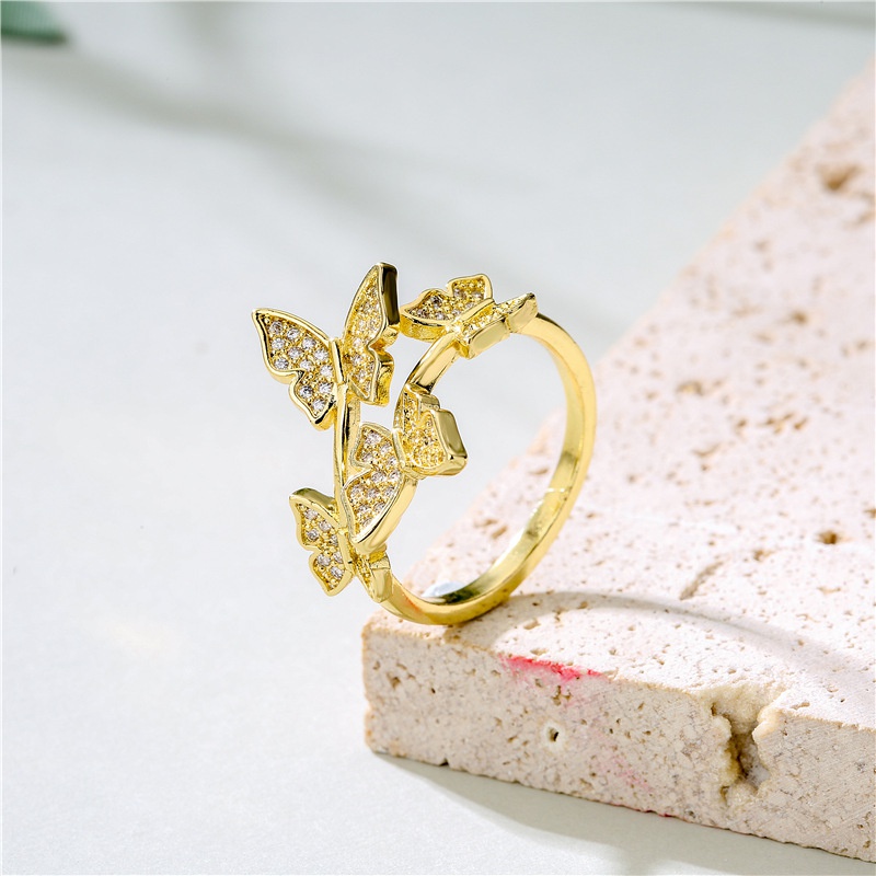 18K simple copper butterfly shape geometric open inlaid zircon ring wholesale nihaojewelry