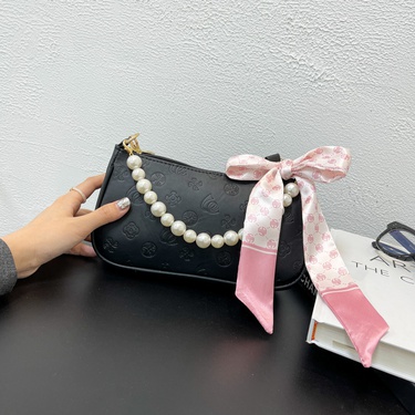 solid color bow silk scarf embossing pearl underarm bag—5