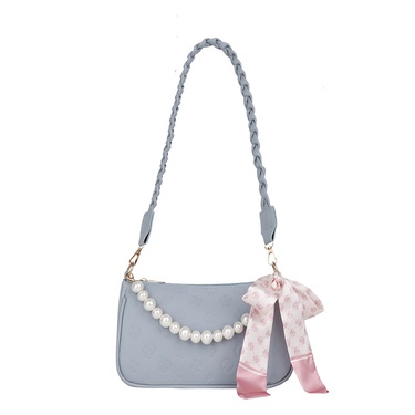 solid color bow silk scarf embossing pearl underarm bag—6
