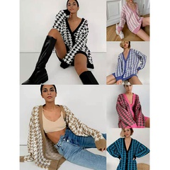 new loose V-neck houndstooth long-sleeved knitted cardigan jacket wholesale Nihaojewelry