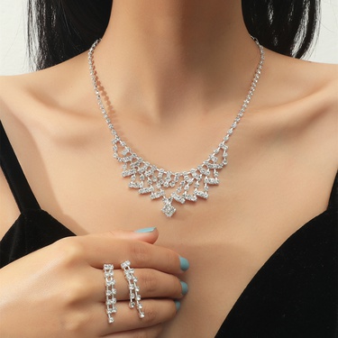 simple full diamond copper necklace earrings set—1