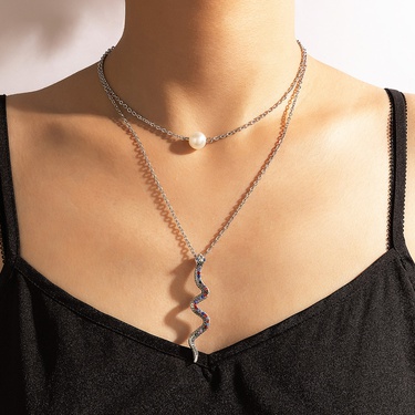 new silver snake-shaped pendant white pearl double layered clavicle chain—2