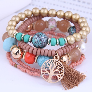 bohemia metal tree of life tassels beads multi-layer bracelet—7