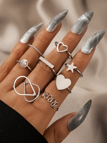 new star heart-shaped pearl alloy ring 8-piece set—2