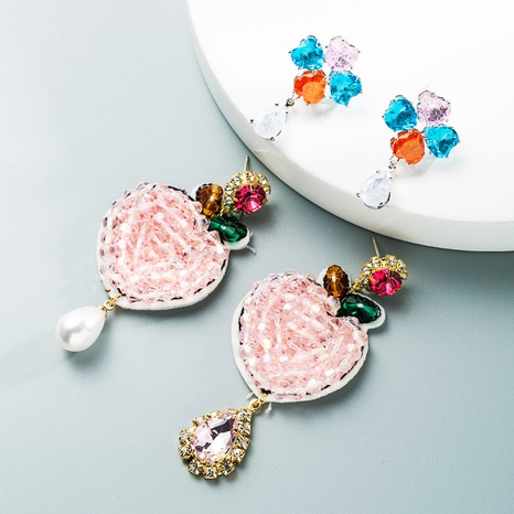 Wholesale Korean Heart Peach Fabric Diamond Pearl Crystal Earrings Nihaojewelry's discount tags
