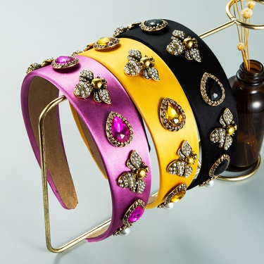 pure color fabric inlaid pearl glass diamond Baroque bee headband  jewelry—1