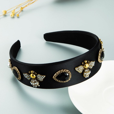 pure color fabric inlaid pearl glass diamond Baroque bee headband  jewelry—4