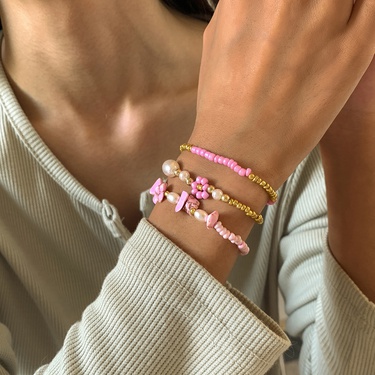daisy imitation pearl stitching rice bead ethnic style bracelet 3-pieces set  jewelry—1