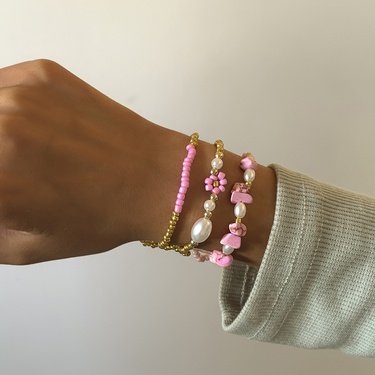 daisy imitation pearl stitching rice bead ethnic style bracelet 3-pieces set  jewelry—2