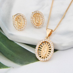 Fashion Simple Inlaid Zirconium Oval Virgin Necklace Set Ins Europe and America Cross Border Gold Plated Religious Eardrops Stud Earrings
