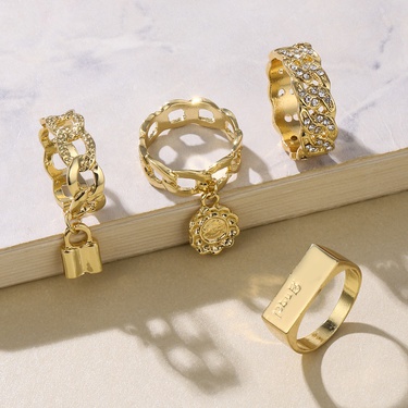 jewelry geometric flower lock pendant ring 4-piece set—2