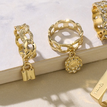 jewelry geometric flower lock pendant ring 4-piece set—3